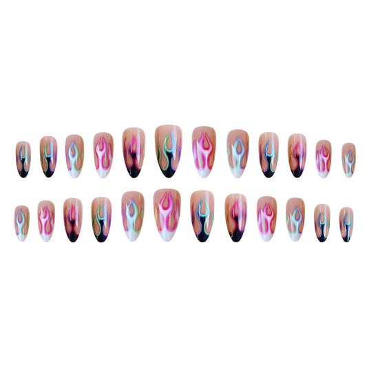Fiery Glamour Elegant Short Almond Shaped Beige with Colorful Flame Designs Press On Nail Set