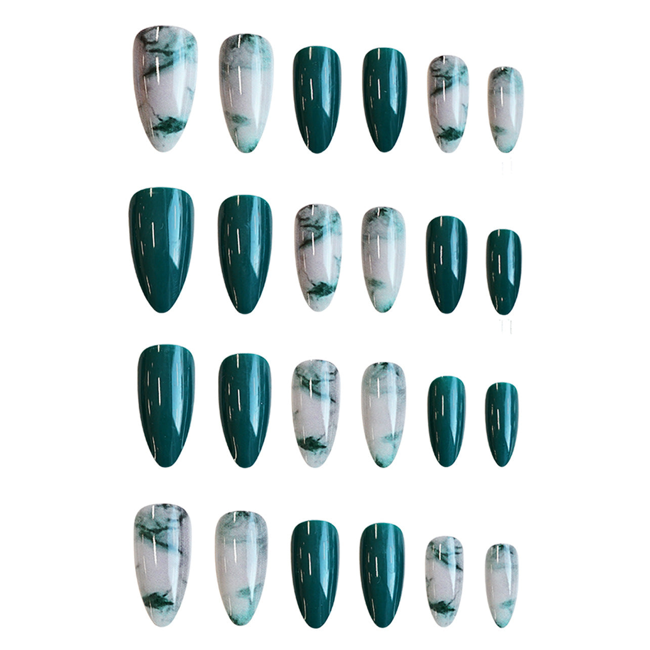 Majestic Ocean Vibes Medium Almond Green and White Marble Press on Nail Set with Stylish Gloss Finish