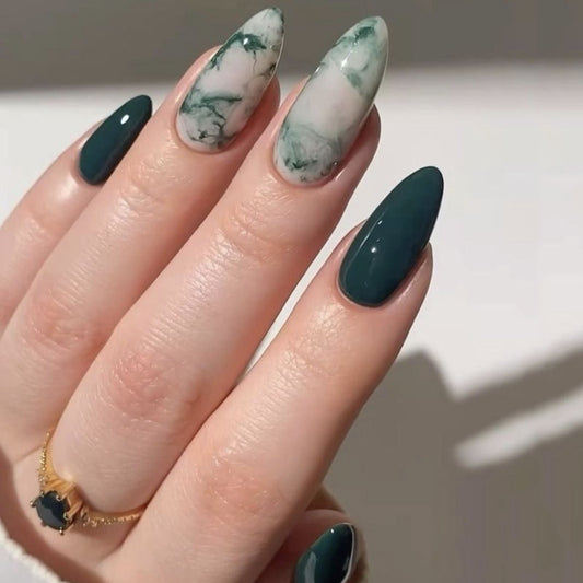 Elegant Marble Oasis Medium Almond Emerald Green and Swirled White Nail Set for a Stunning Manicure Experience