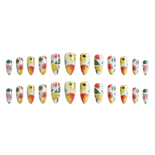 Tropical Delight Medium Almond Shaped Colorful Fruit Design Press On Nail Set