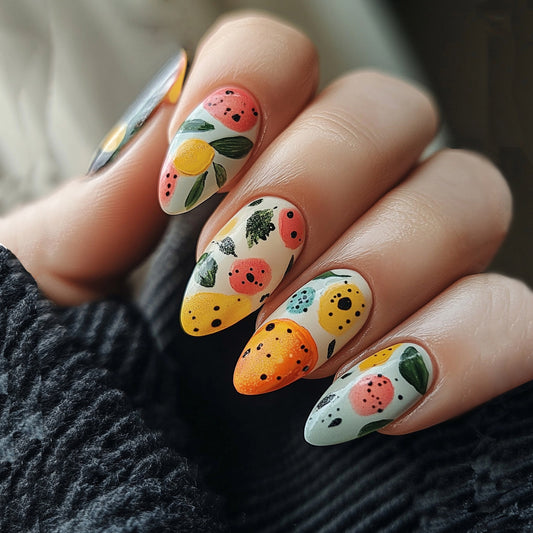Tropical Delight Medium Almond Multi-Colored Press On Nail Set with Vibrant Fruit Designs