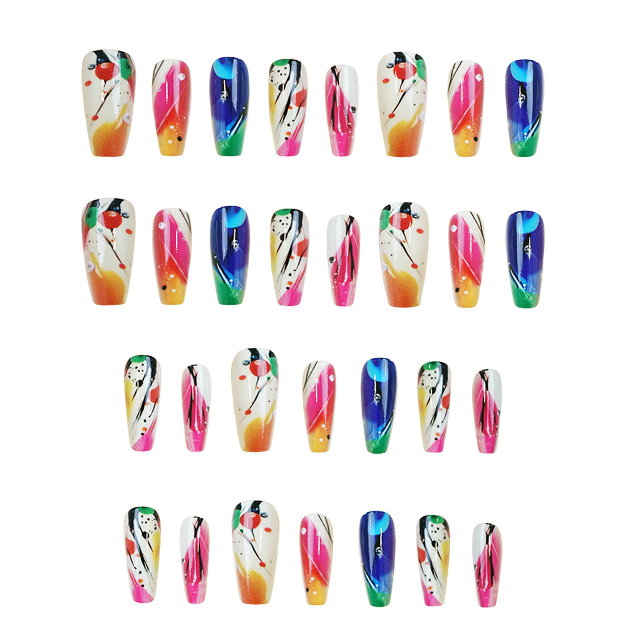 Vibrant Artistic Dreams Long Coffin Colorful Press On Nail Set with Unique Abstract Design