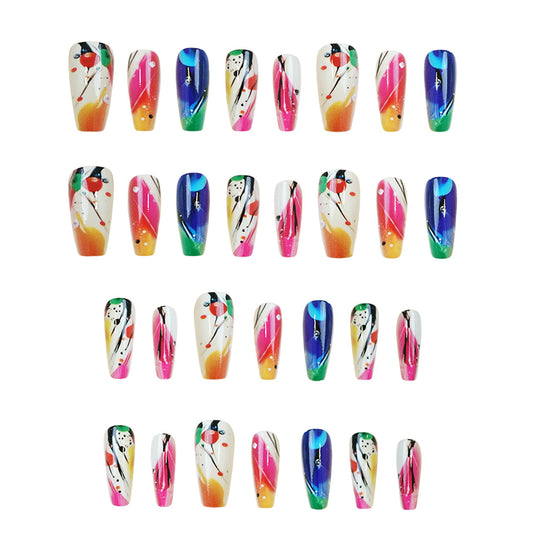 Vibrant Artistic Dreams Long Coffin Colorful Press On Nail Set with Unique Abstract Design