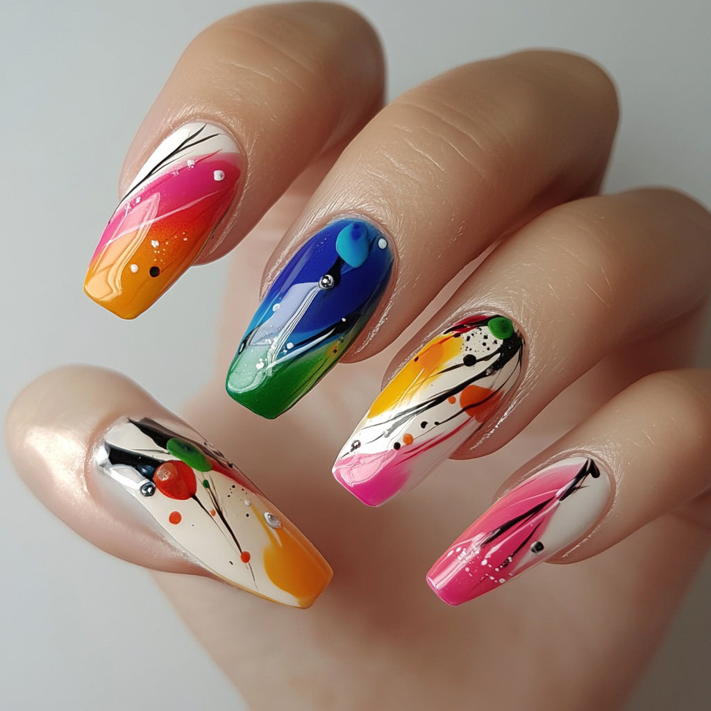 Vibrant Artistry Extra Long Coffin Gradient Multicolor Press On Nail Set with Dazzling Gem Accents