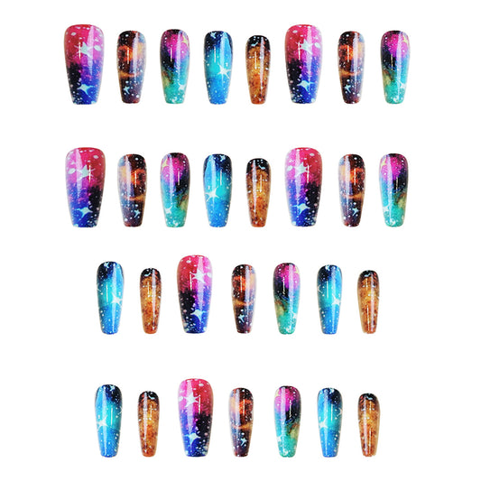 Cosmic Galaxy Inspired Long Coffin Shape Multicolor Gradient with Sparkling Star Accents Press On Nail Set