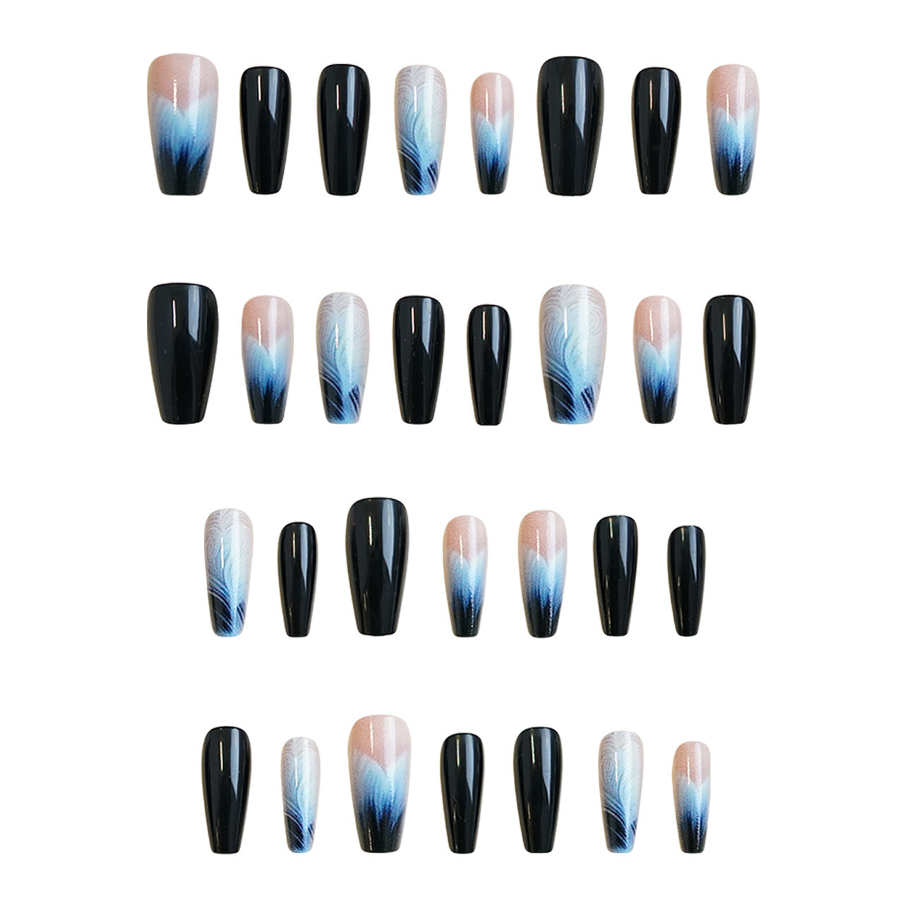 Elegant Ocean Breeze Long Coffin Gradient Black and Blue Press On Nail Set with Stunning Texture Details