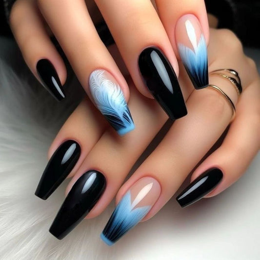 Mystical Ocean Vibes Long Coffin Black and Blue Gradient Nail Set with Intricate Feather Design