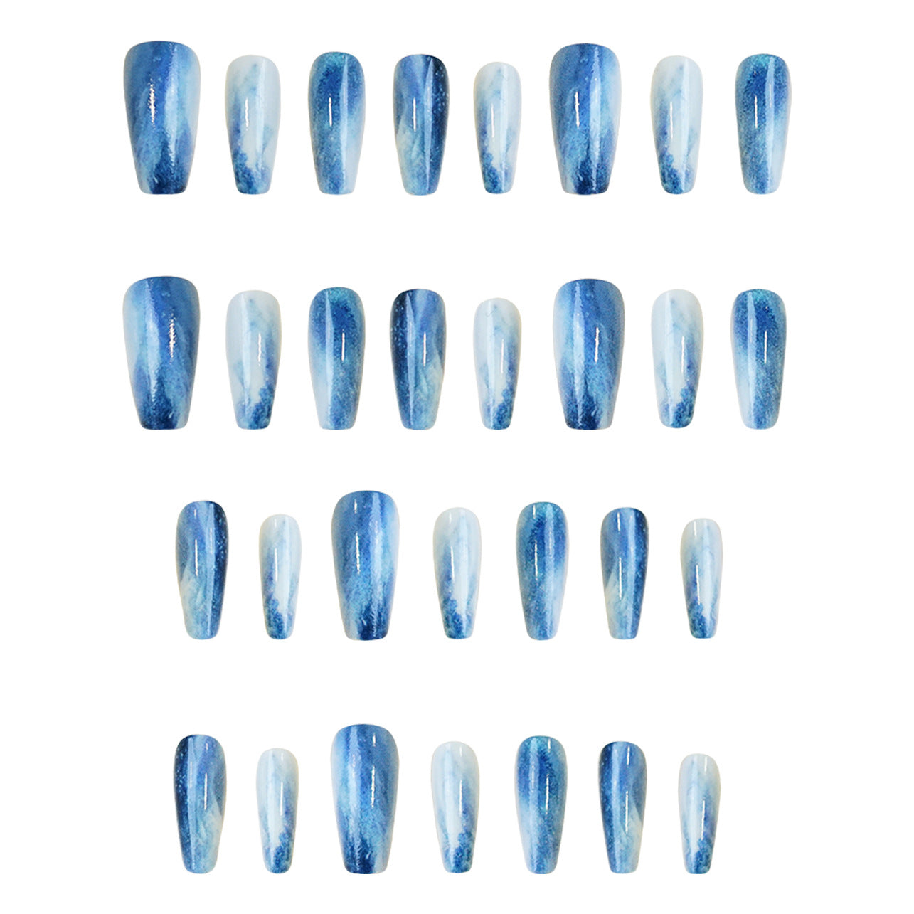 Ocean Breeze Elegance Long Coffin Blue Marble Gradient Press On Nail Set with Stunning Shimmer Finish