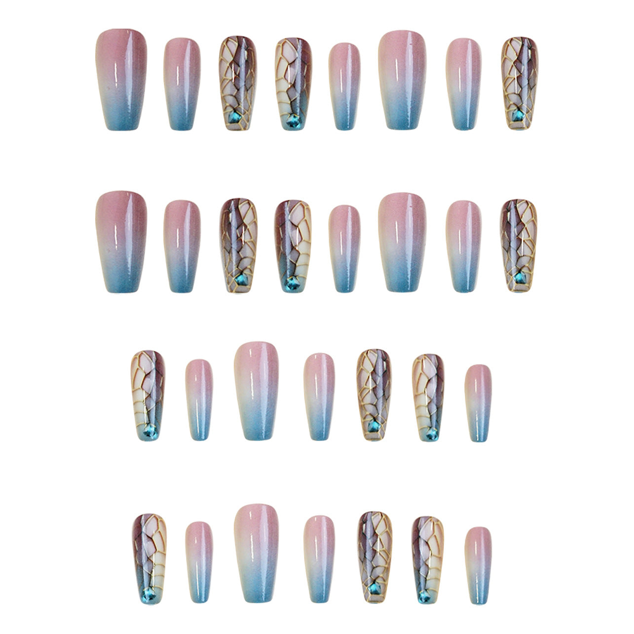 Mermaid Dream Nail Set Long Coffin Pink and Blue Ombre with Rhinestone Accent