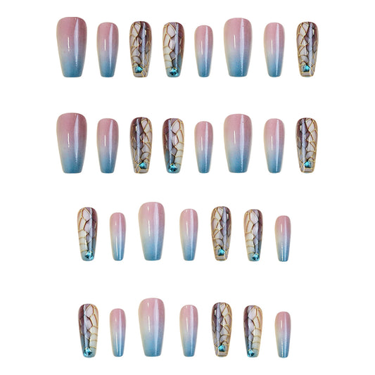 Mermaid Dream Nail Set Long Coffin Pink and Blue Ombre with Rhinestone Accent