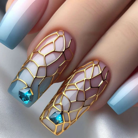 Glamorous Oceanic Escape Long Square Blue Ombre with Golden Geometric Design and Embedded Gemstone Accents