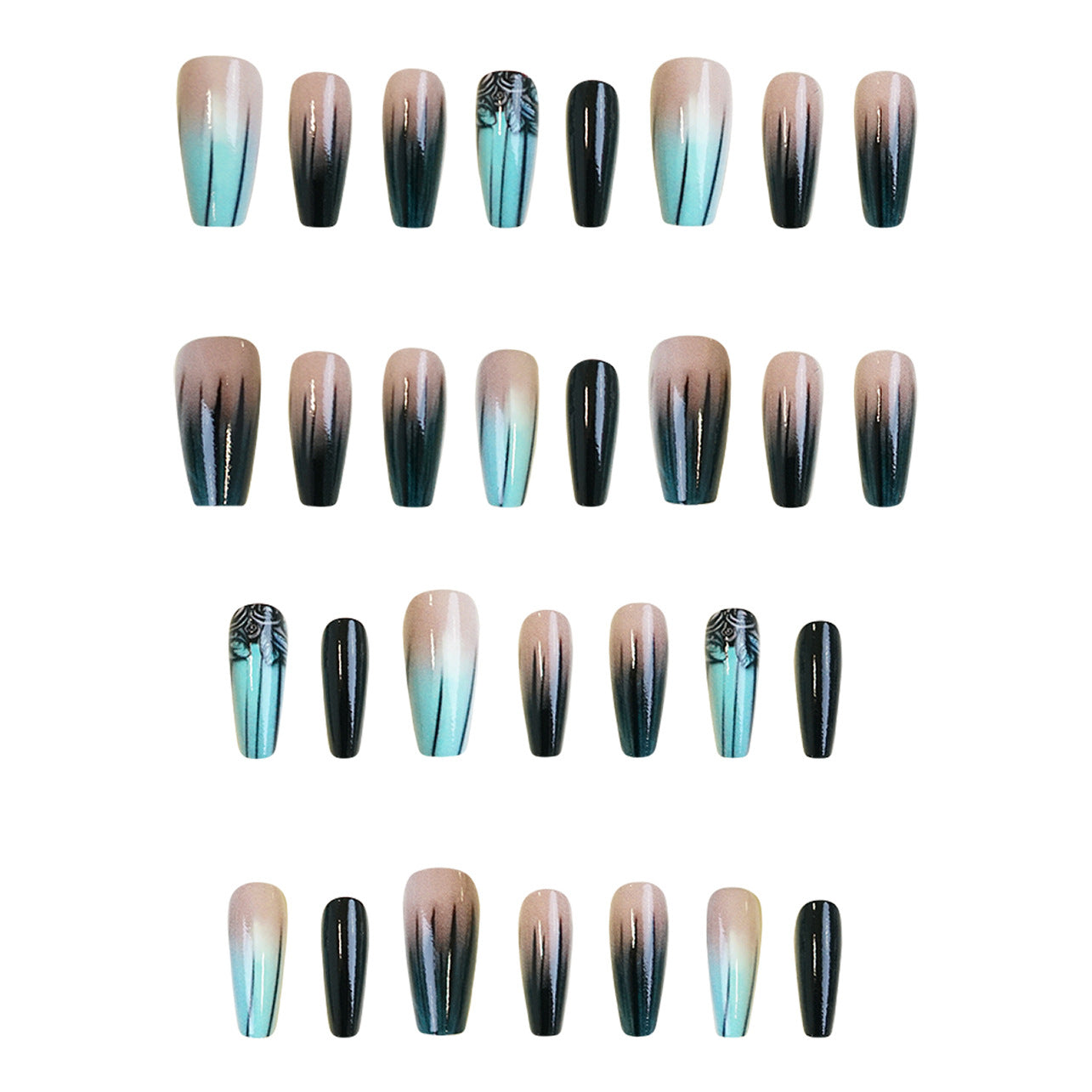 Mystical Nightfall Long Coffin Press On Nail Set in Ombre Black and Teal with Intricate Floral Design