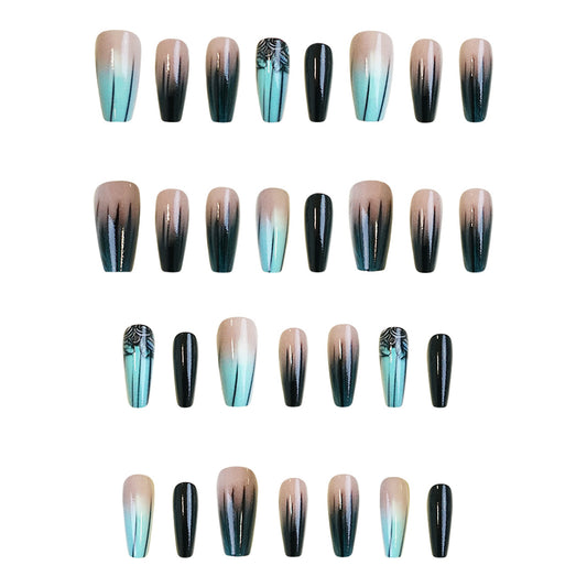 Mystical Nightfall Long Coffin Press On Nail Set in Ombre Black and Teal with Intricate Floral Design