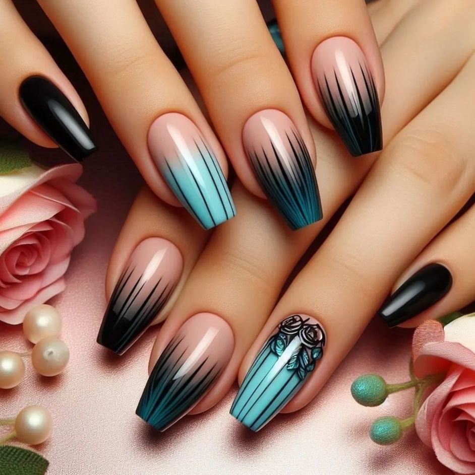 Mystical Garden Long Coffin Ombre Blue and Black Press-On Nail Set with Floral Design
