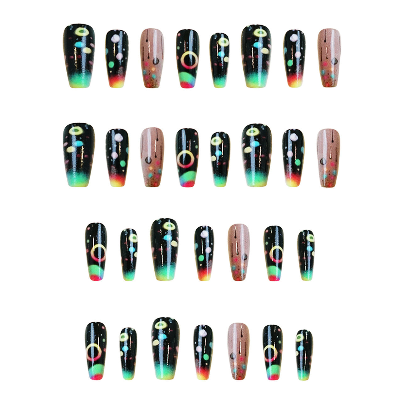 Cosmic Vibes Glossy Long Coffin Colorful Gradient Press-On Nail Set with Unique Galactic Design