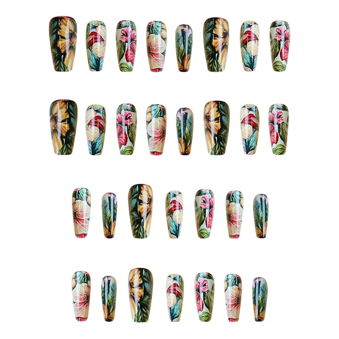 Tropical Paradise Long Coffin Shaped Colorful Floral Press On Nail Set with Stunning Botanical Design