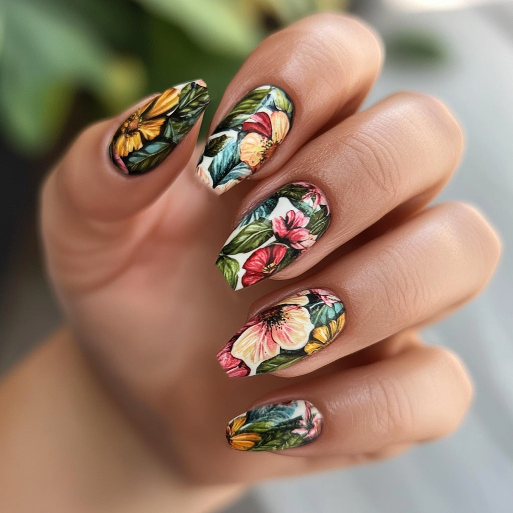 Bohemian Floral Long Coffin Multi-Colored Matte Artistry Nail Set