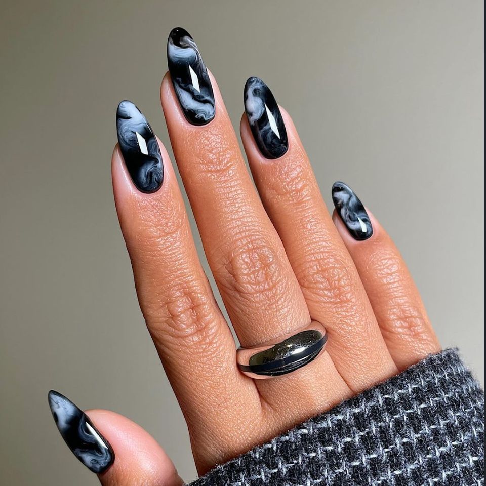 Gothic Elegance Medium Almond Black and White Marble Press On Nail Set with Glossy Finish