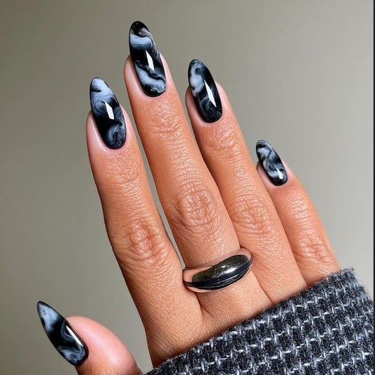 Gothic Elegance Medium Almond Black and White Marble Press On Nail Set with Glossy Finish