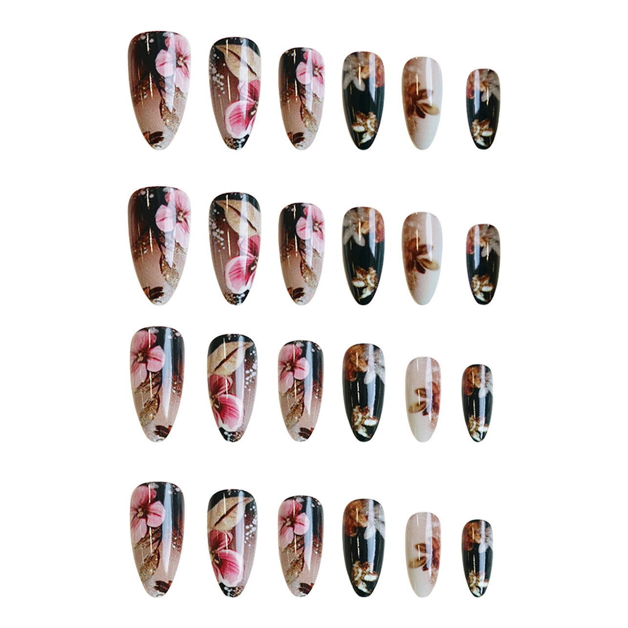 Tropical Bloom Medium Almond Black and Brown Floral Design Press On Nail Set