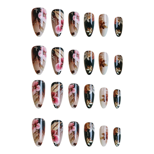 Tropical Bloom Medium Almond Black and Brown Floral Design Press On Nail Set