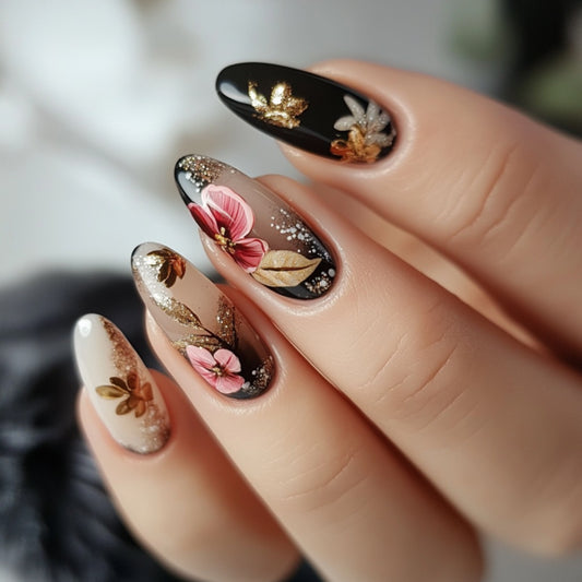 Floral Elegance Medium Almond Black and Beige Press On Nail Set with Glittering Gold Accents and Stunning Floral Designs