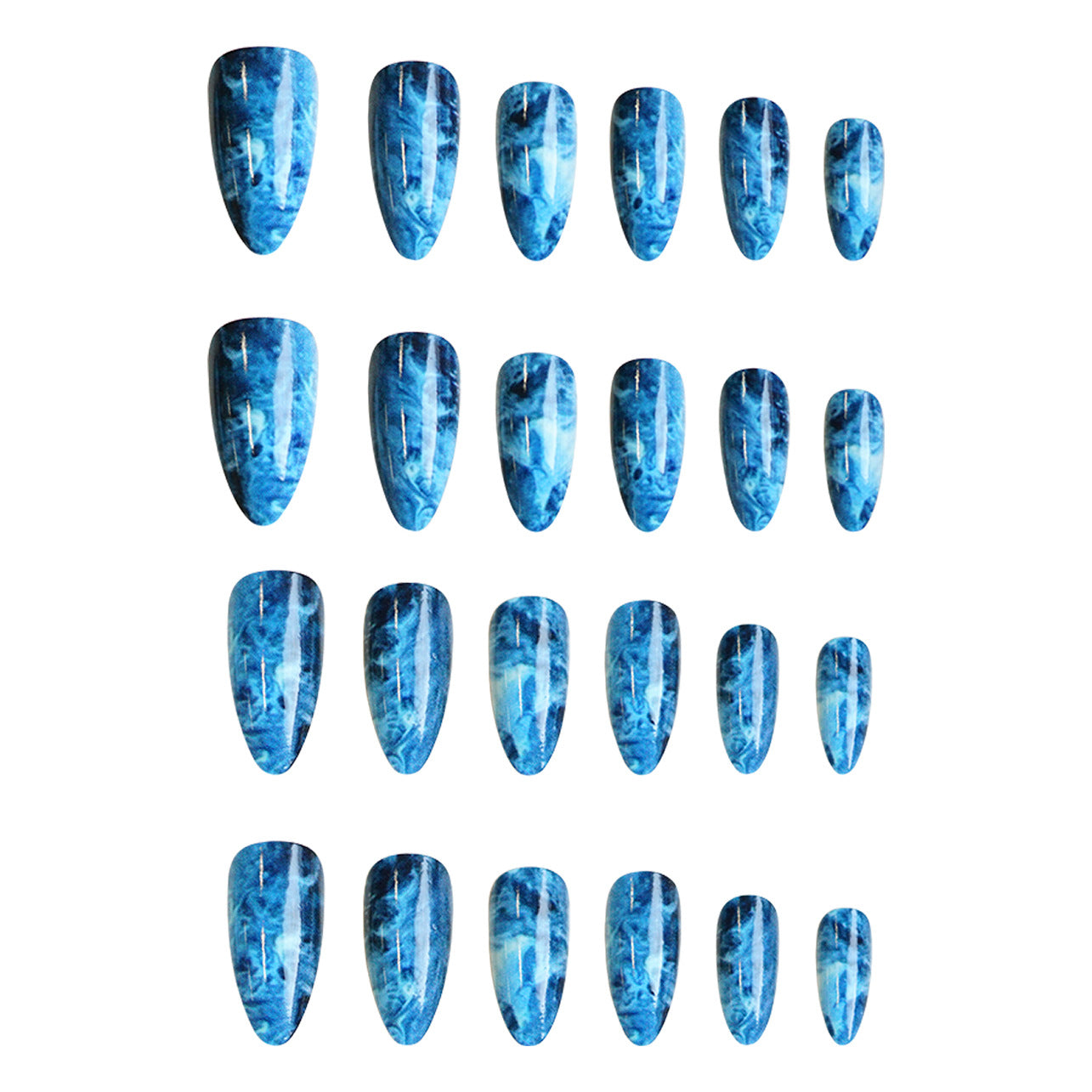 Ocean Wave Elegance Medium Almond Blue Marble Press On Nail Set with Glossy Finish