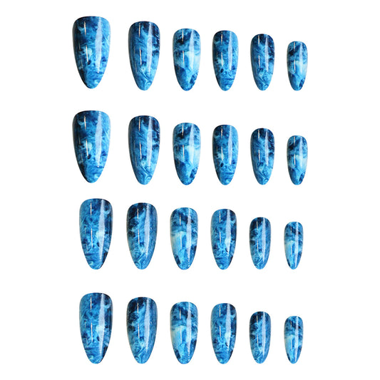 Ocean Wave Elegance Medium Almond Blue Marble Press On Nail Set with Glossy Finish