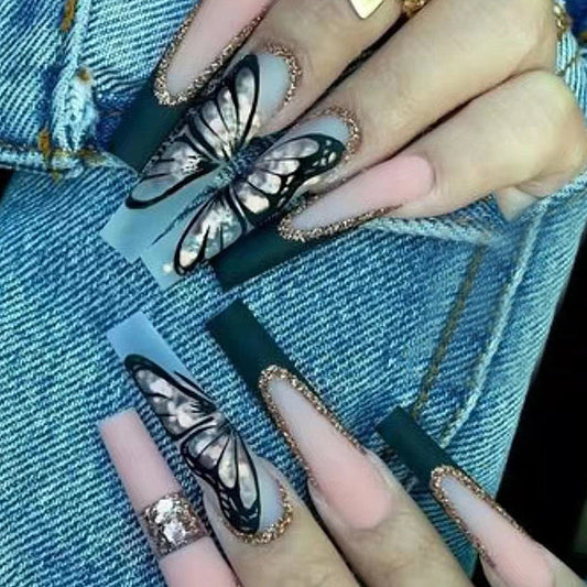 Butterfly Kisses Long Coffin Emerald Green and Beige Press On Nails with Glitter Accents and Butterfly Art