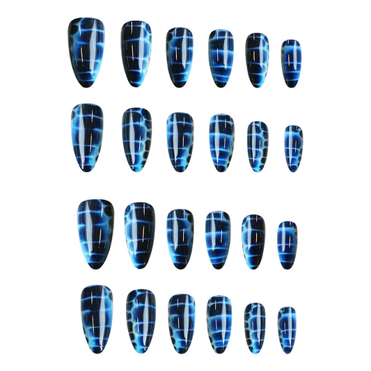 Cosmic Radiance Medium Almond Blue Grid Design Press On Nail Set