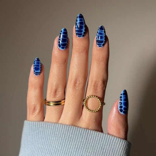 Oceanic Dream Press-On Nail Set Medium Almond Shape Deep Blue with Unique Crocodile Texture
