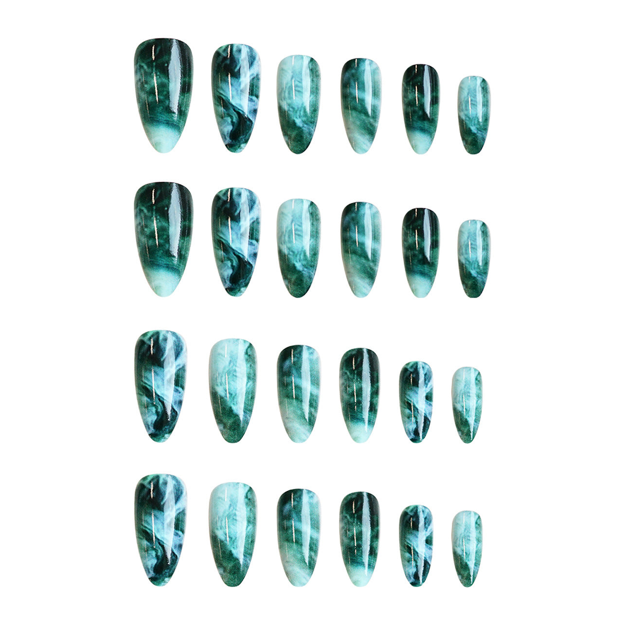 Mystical Forest Medium Almond Teal Marble Press On Nail Set with Glimmering Finish