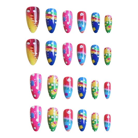 Rainbow Delight Medium Almond Press On Nails Colorful Ombre Design with Fun Dots