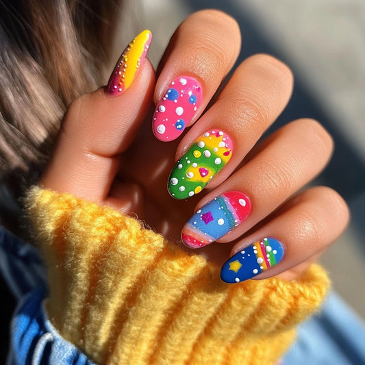 Whimsical Color Burst Medium Oval Pastel Press On Nail Set with Playful Dot Accents