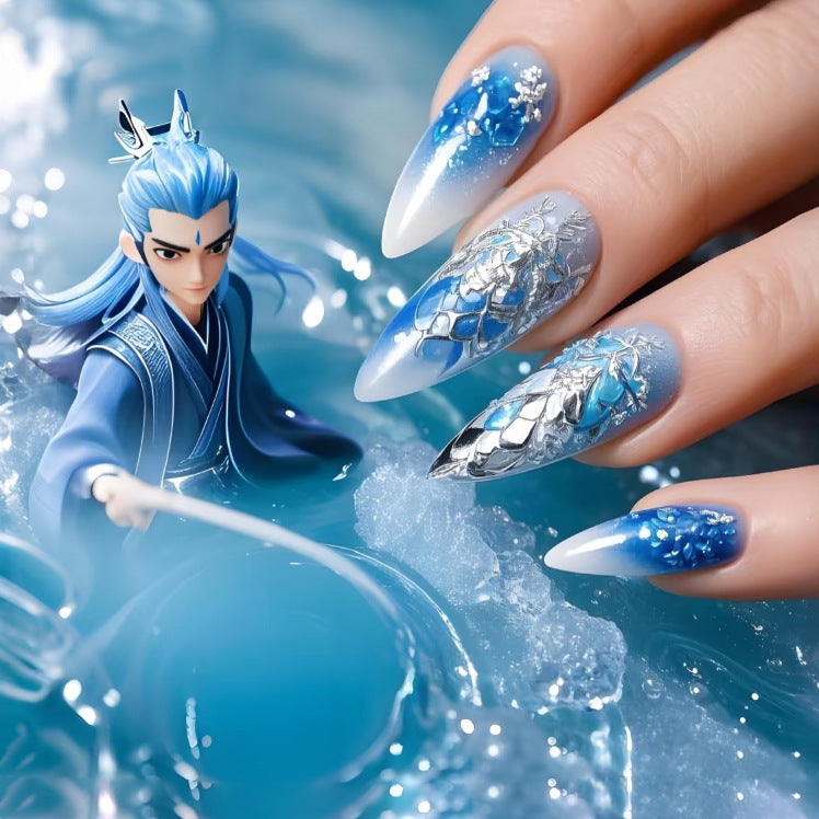 Celestial Ocean Fantasy Medium Almond Shape Gradient Blue Design with Intricate Silver Detailing Press On Nail Set