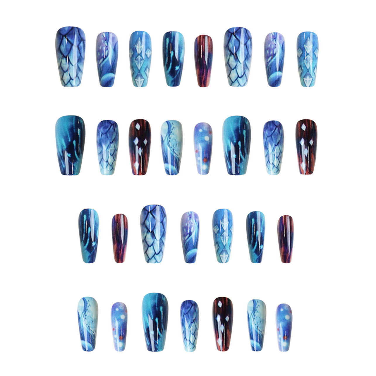 Mystical Ocean Vibe Long Coffin Blue and Red Gradient Magical Design Press On Nail Set