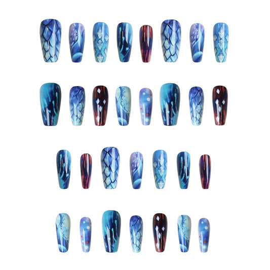 Mystical Ocean Vibe Long Coffin Blue and Red Gradient Magical Design Press On Nail Set