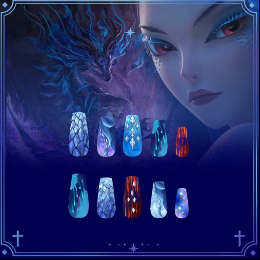 Mystical Serenity Long Coffin Blue Ombre with Crystal Accents Press On Nail Set