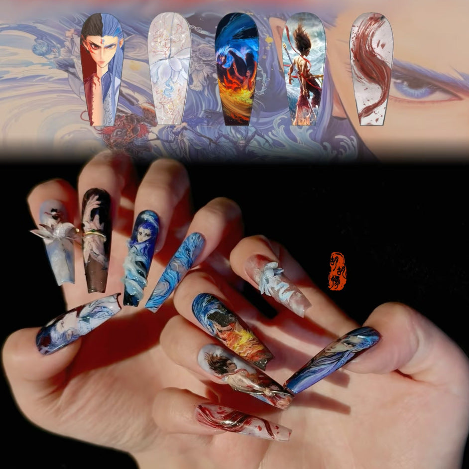 Epic Fantasy Art Long Coffin Shape Colorful Nail Set with Stunning Character Illustrations