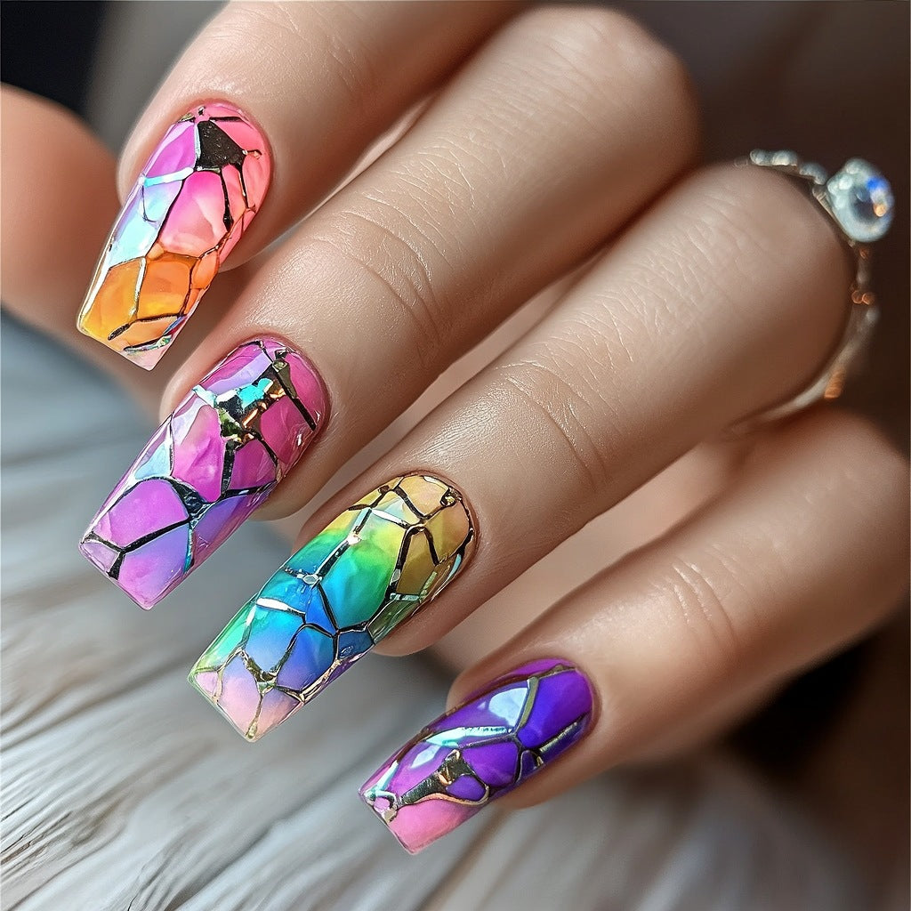 Stained Glass Beauty Long Square Rainbow Colorful Mosaic Design Press On Nail Set