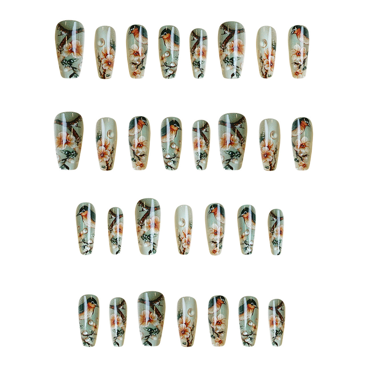Cherry Blossom Serenity Elegant Medium Coffin Shaped Green Floral Press On Nail Set with Gemstone Accents
