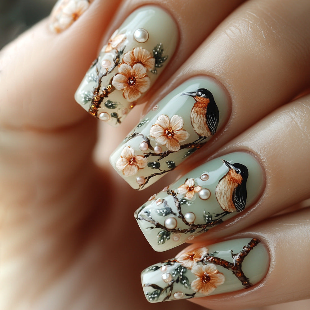 Whimsical Garden Inspired Press on Nail Set Long Square Shape Soft Green Color with Floral and Bird Design