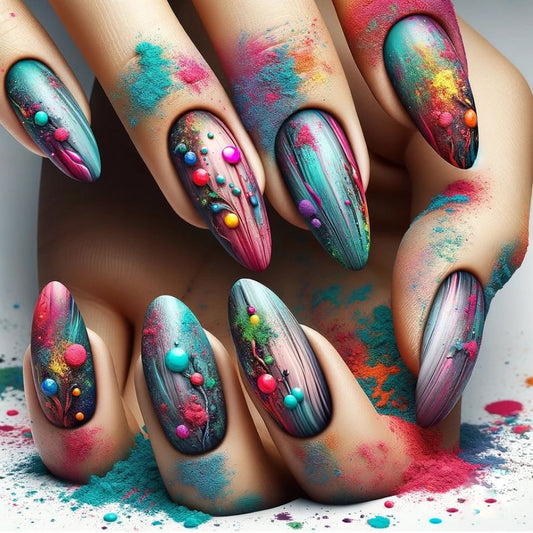 Artistic Whirlwind Medium Almond Press-On Nail Set in Vibrant Multicolors with Textured Accent Dots