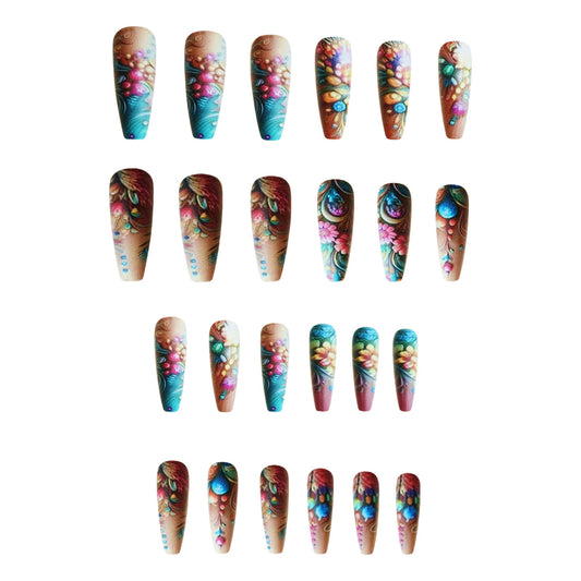 Garden Elegance Long Coffin Multi-Colored with Stunning Floral Artwork Press-On Nail Set