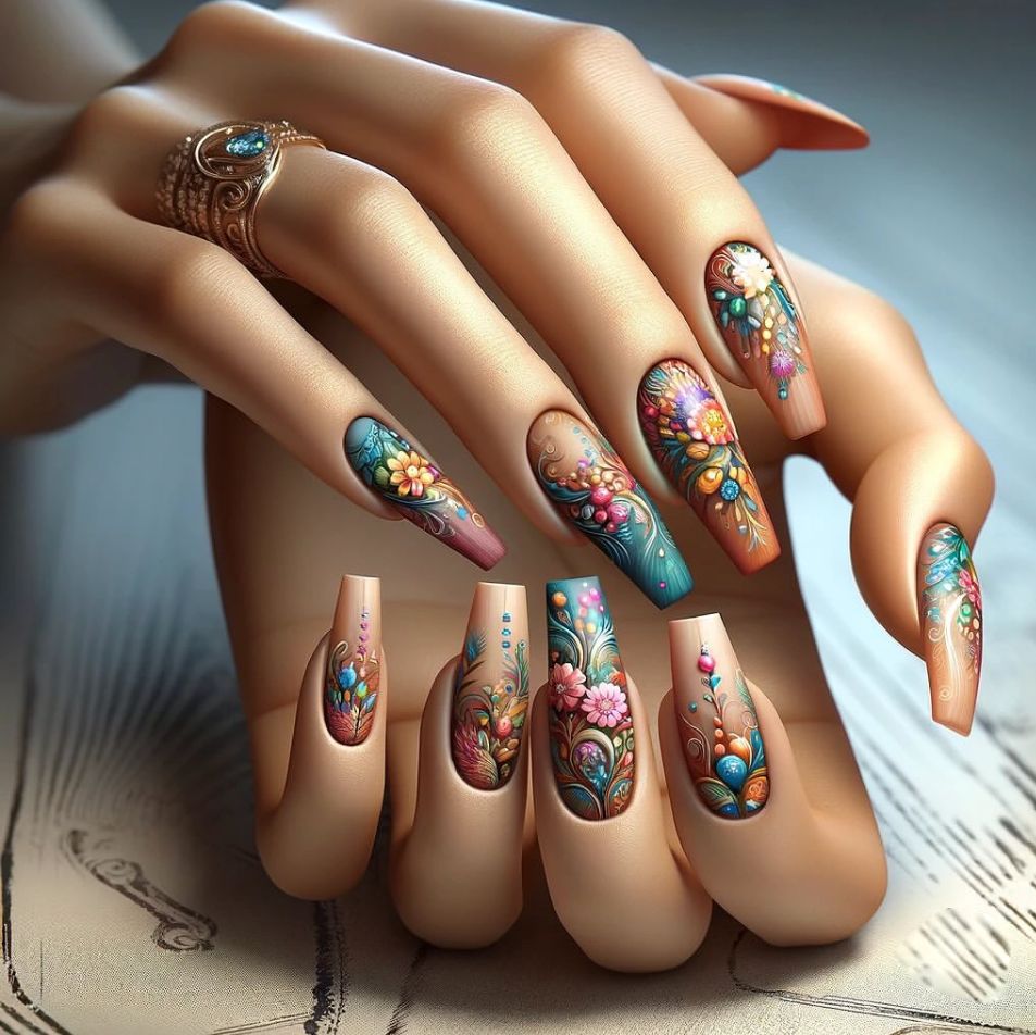 Enchanting Floral Elegance Long Coffin Shaped Multi Colored Press on Nail Set with Intricate Botanical Designs