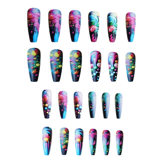 Galactic Dream Press-On Nail Set Long Coffin Shape Vibrant Multicolor with Ethereal Swirl Design