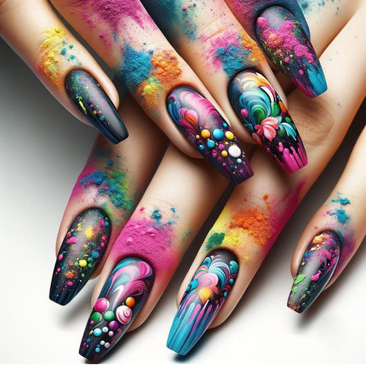 Cosmic Wonderland Long Coffin Gradient Multi-Color Nail Set with Whimsical Artistic Designs