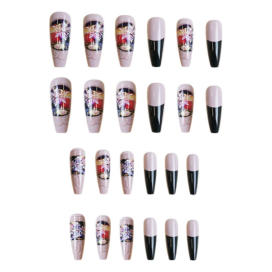 Artistic Elegance Long Coffin Pink and Black Nails with Unique Floral Art Design
