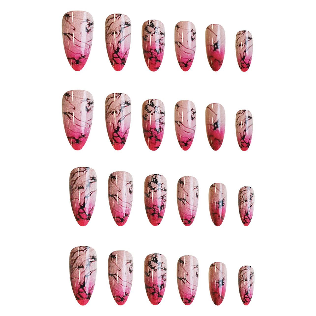 Chic Marble Elegance Medium Almond Pink Gradient Nails with Artistic Black Accents