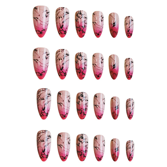 Chic Marble Elegance Medium Almond Pink Gradient Nails with Artistic Black Accents